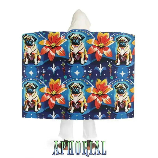 Hooded Sherpa Fleece Blanket - Flower Power Pug - Aphorial