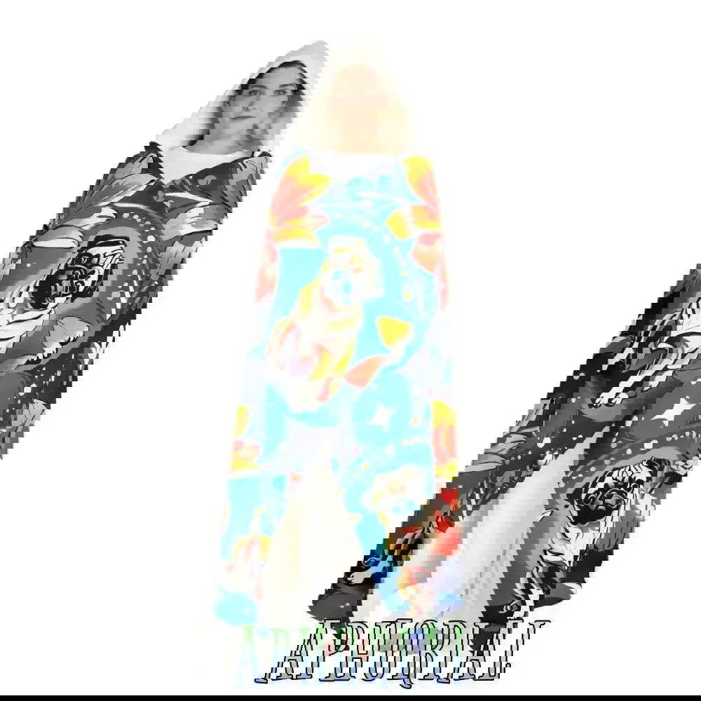 Hooded Sherpa Fleece Blanket - Flower Power Pug - Aphorial