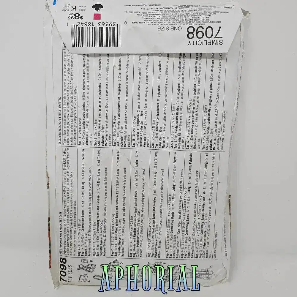 Vintage Simplicity Crafts Pattern 7098 - Tote Bags and Eye Glasses Case Sewing Pattern - Aphorial