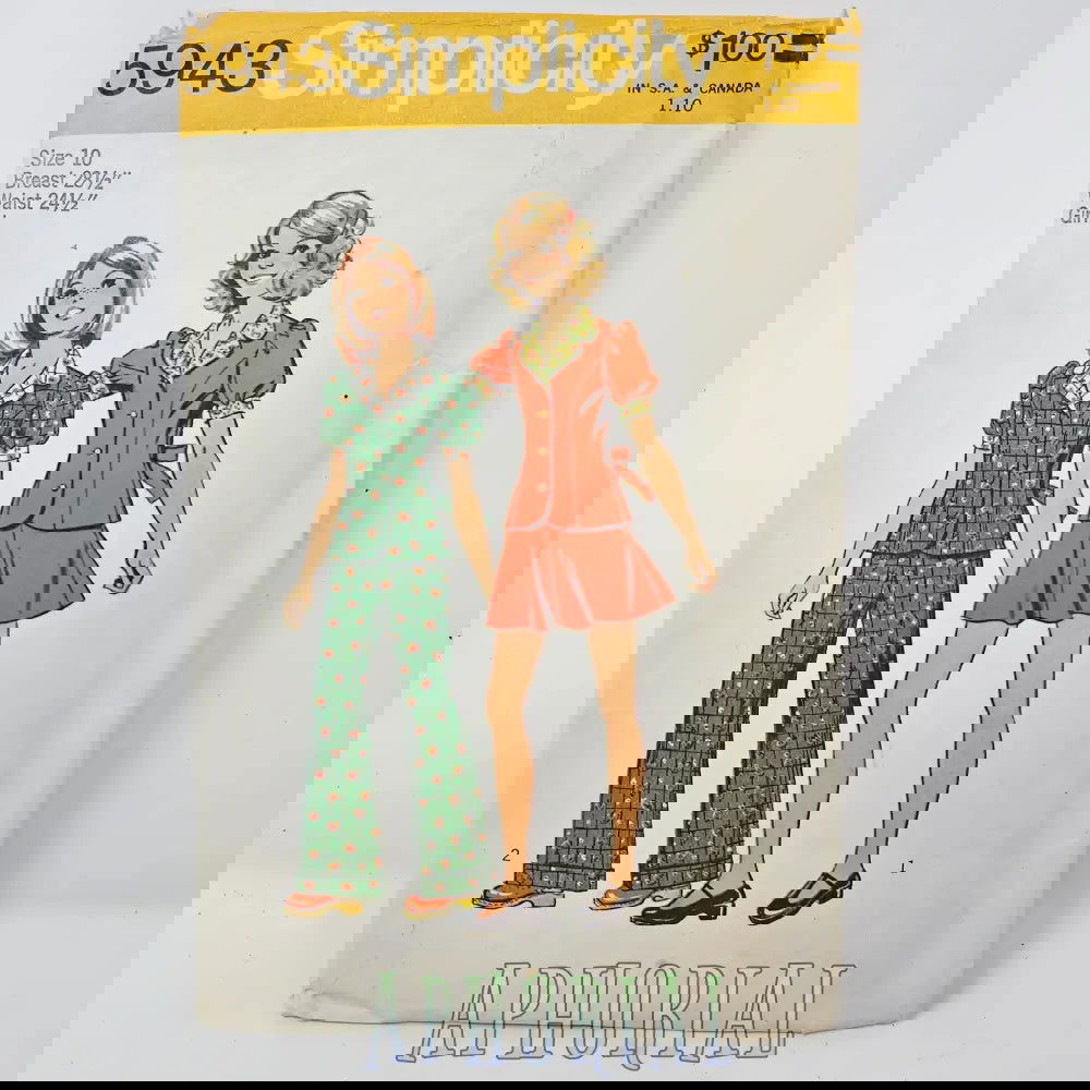 Vintage Simplicity Sewing Pattern 5943, girls top, skirt & pants, size 10 girl, 1970's - Aphorial