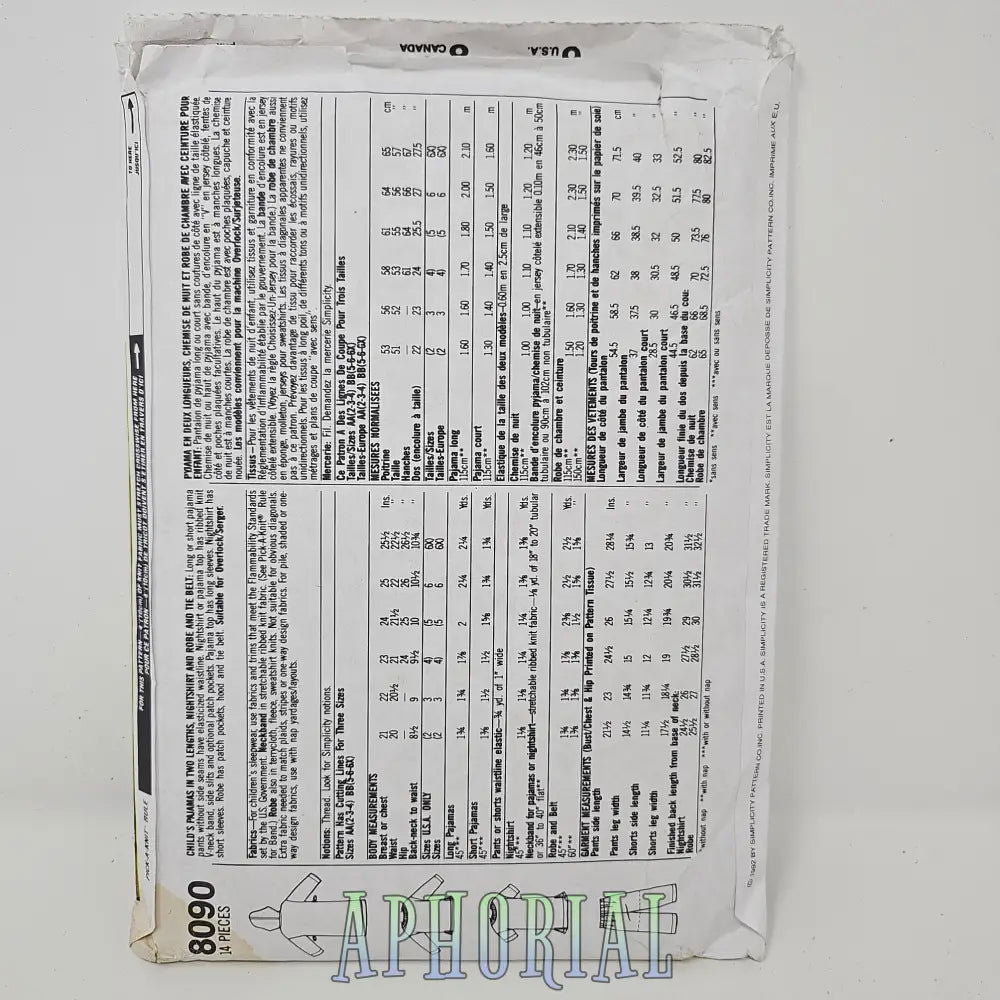 Vintage Simplicty Pattern 8090 BB (5-6x) 3 hour Pajama or Robe - Aphorial