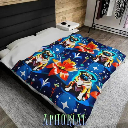 60x80 Velvet Plush Blanket - Flower Power Pug - Aphorial