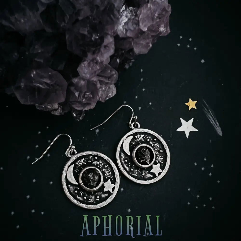 Night Sky Dangle Earrings with Raw Meteorite - Aphorial