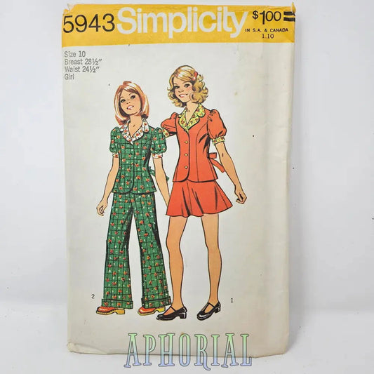 Vintage Simplicity Sewing Pattern 5943, girls top, skirt & pants, size 10 girl, 1970's - Aphorial
