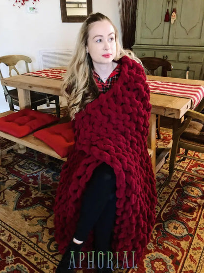 Chunky Knit Blanket In Cherry Red