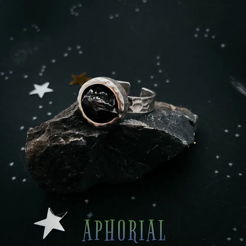Chunky Round Raw Meteorite Ring In Silver
