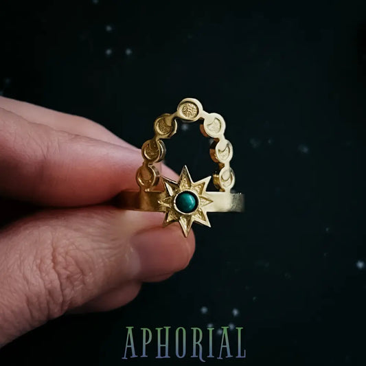 Cosmic Dance Ring With Turquoise Moon Phases And Sun Gold