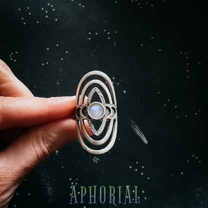 Cosmic Ripple Ring With Rainbow Moonstone And Phases Of The Moon Silver