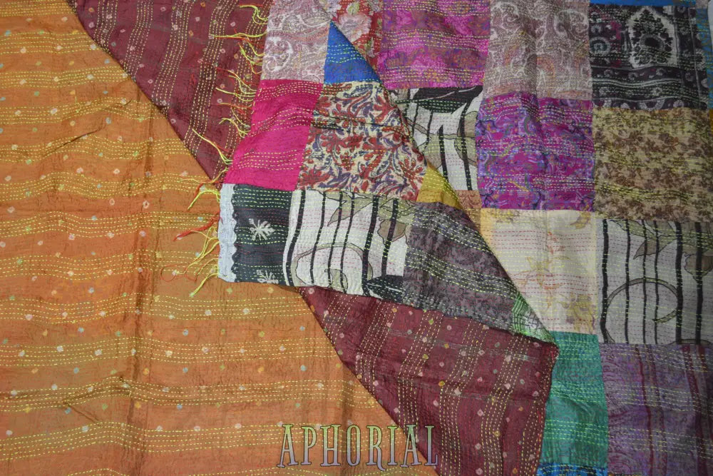 Hand Stitched Kantha Silk Vintage Throw Karuna