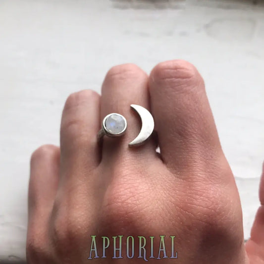 Moon Goddess Ring - Crescent With Rainbow Moonstone Silver