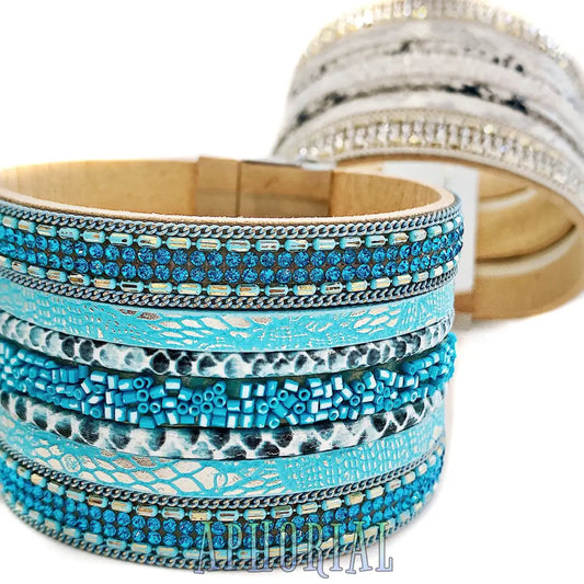 Oceana Seed Bead And Leather Cuff Bracelet Turquoise