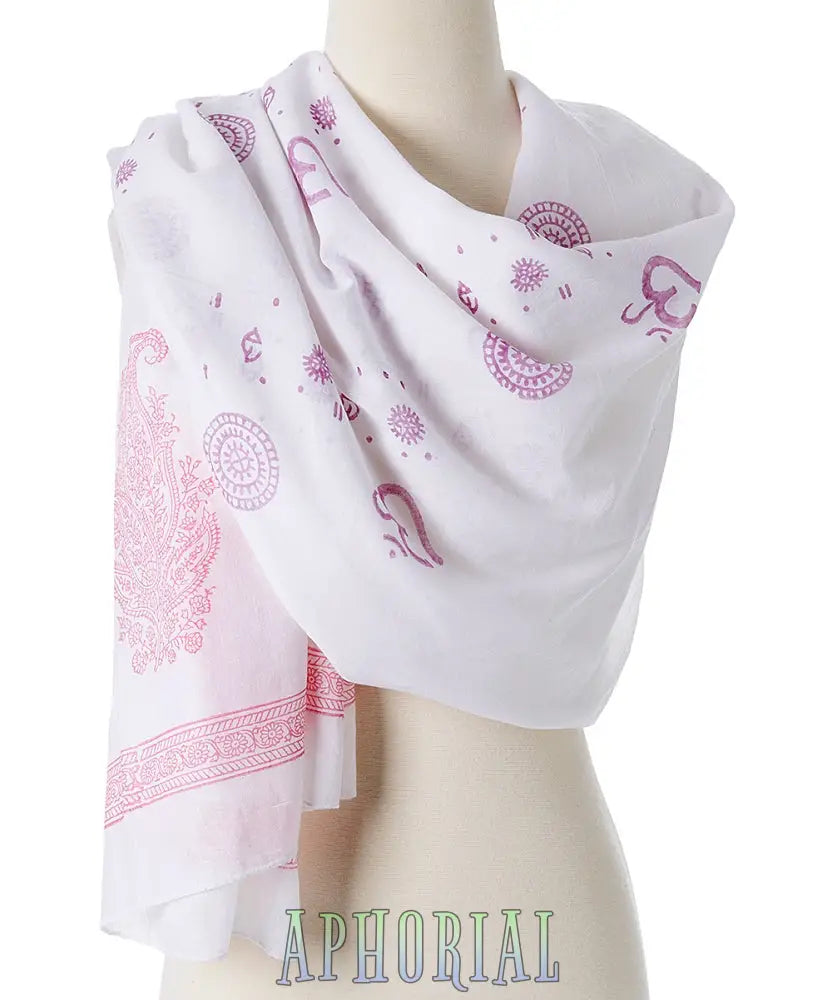 Om Shanti Paisley Design Hand Block Printed Cotton Shawl Purple & Pink